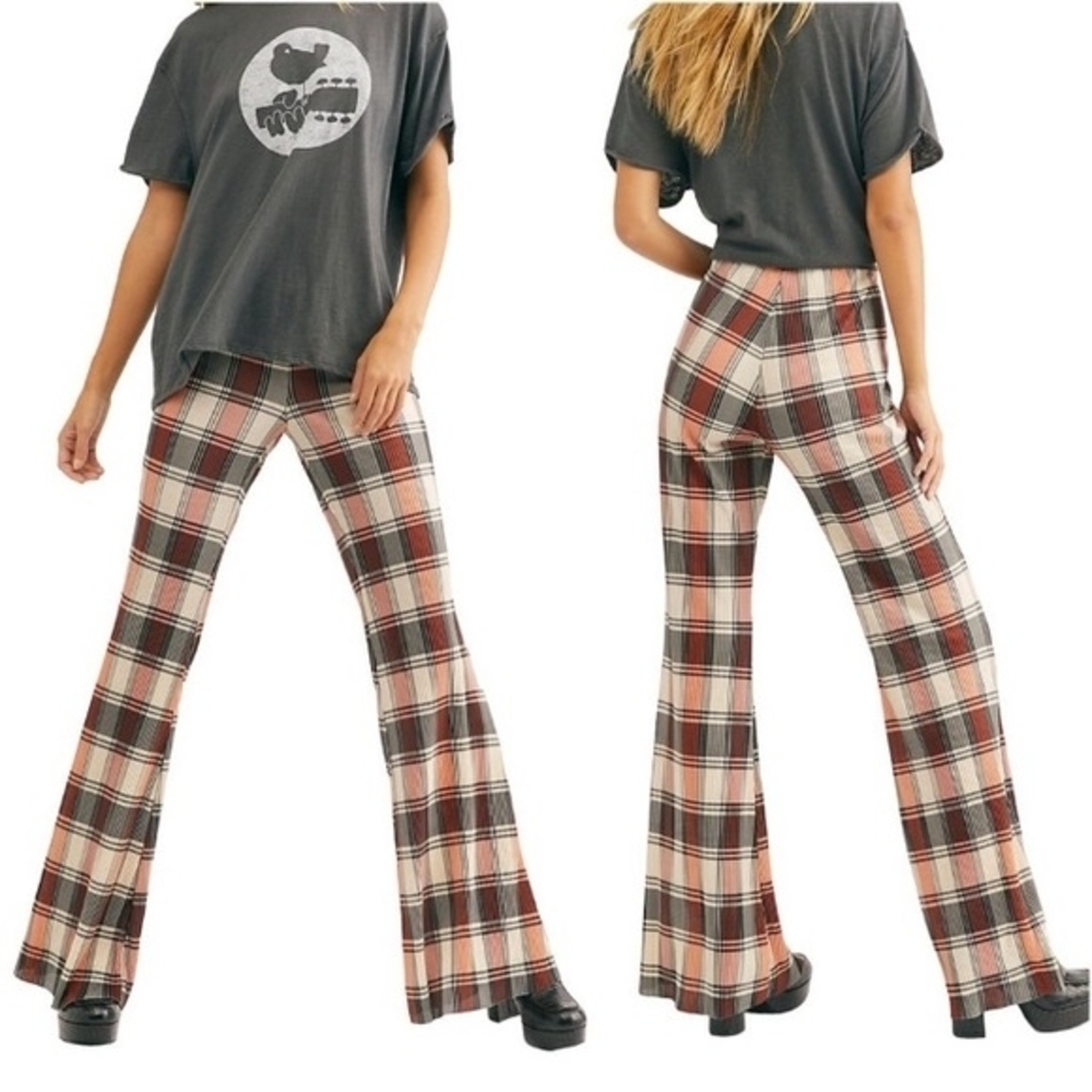 Free People Plaid Flare Pants in Red and Cream